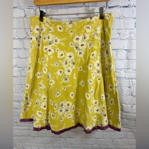 Anthropologie Elevenses Yellow Burgundy Floral Corduroy Satin Trim Skirt Size 10